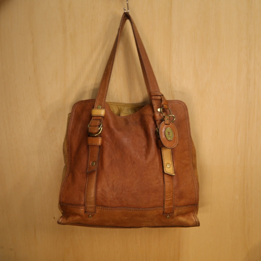 Fossil Long Live Vintage Brown Leather Tote Shoulder Bag Brass Hardware Key